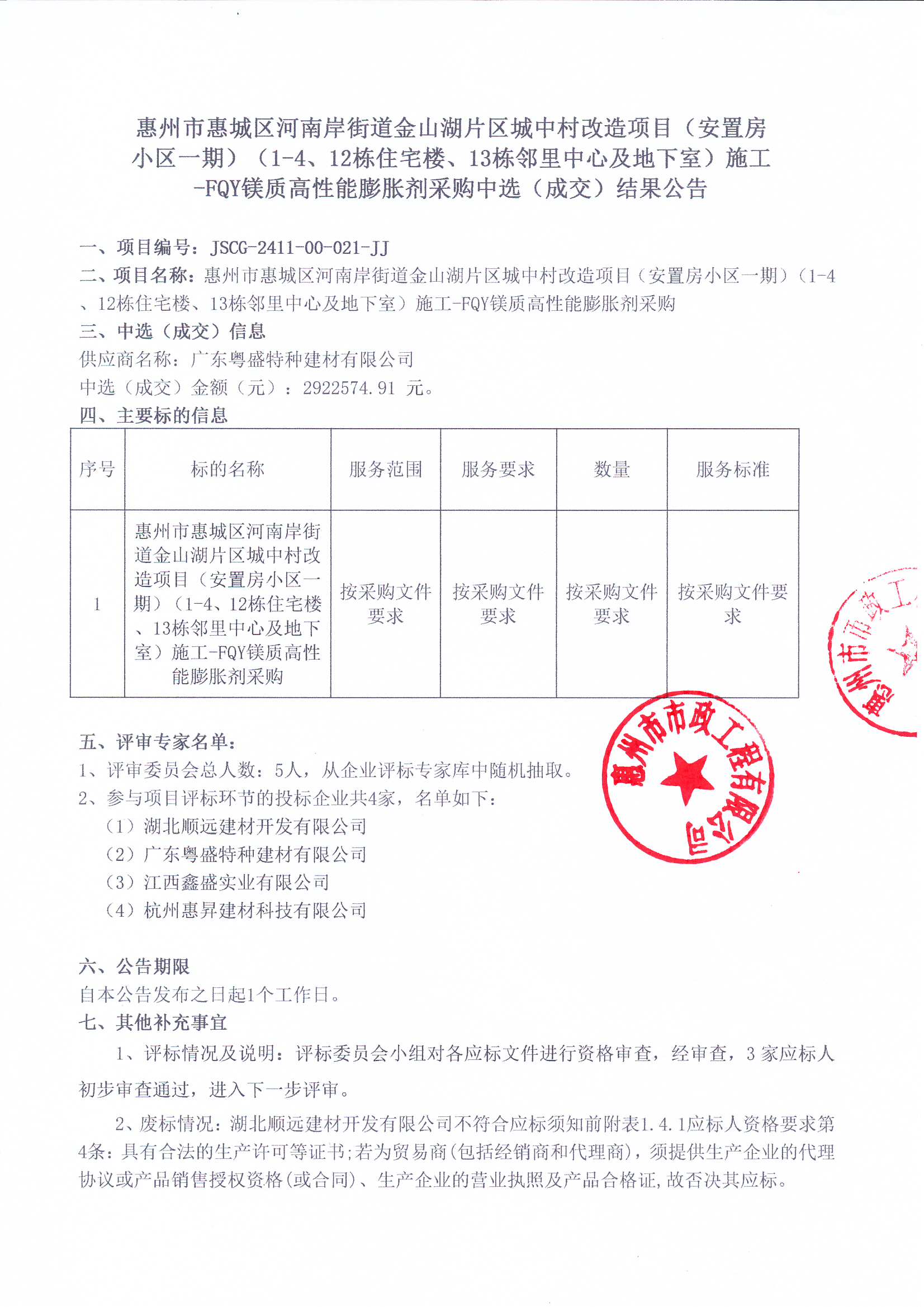惠州市惠城區河南岸街道金山湖片區城中村改造項目（安置房小區一期）（1-4、12棟住宅樓、13棟鄰里中心及地下室）施工-FQY鎂質高性能膨脹劑采購中選（成交）結果公告