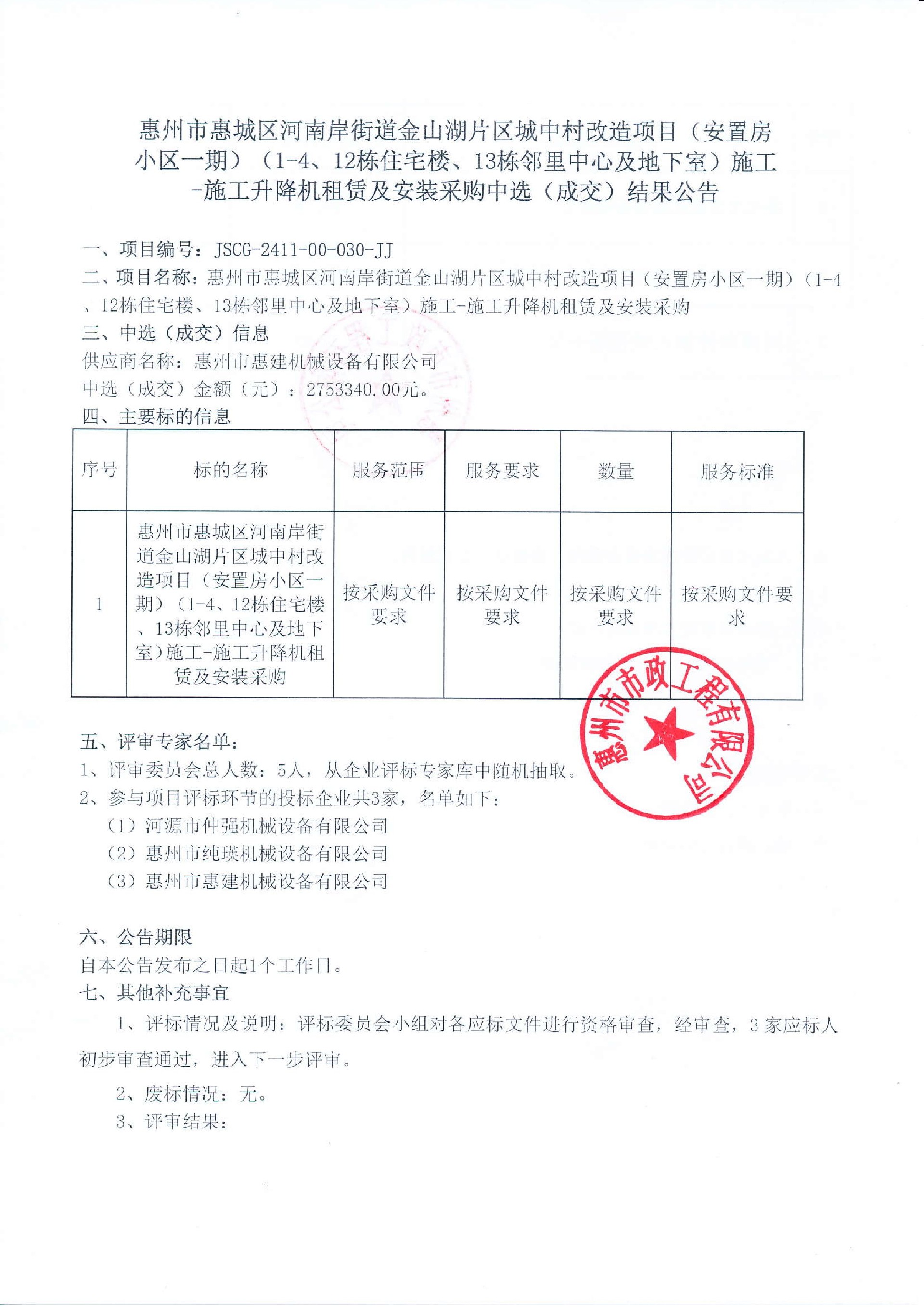 惠州市惠城區河南岸街道金山湖片區城中村改造項目（安置房小區一期）（1-4、12棟住宅樓、13棟鄰里中心及地下室）施工-施工升降機租賃及安裝采購中選（成交）結果公告